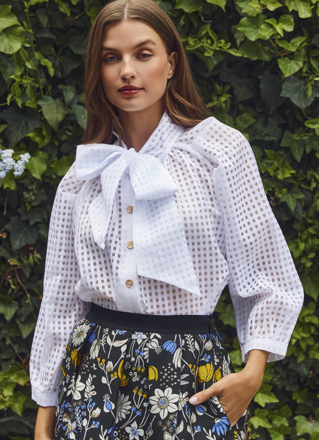 Big Bow Blouse - White Sheer Gingham - Image 2