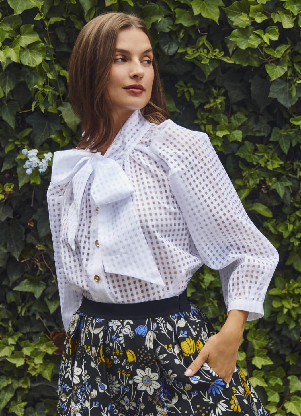 Big Bow Blouse - White Sheer Gingham - Image 3