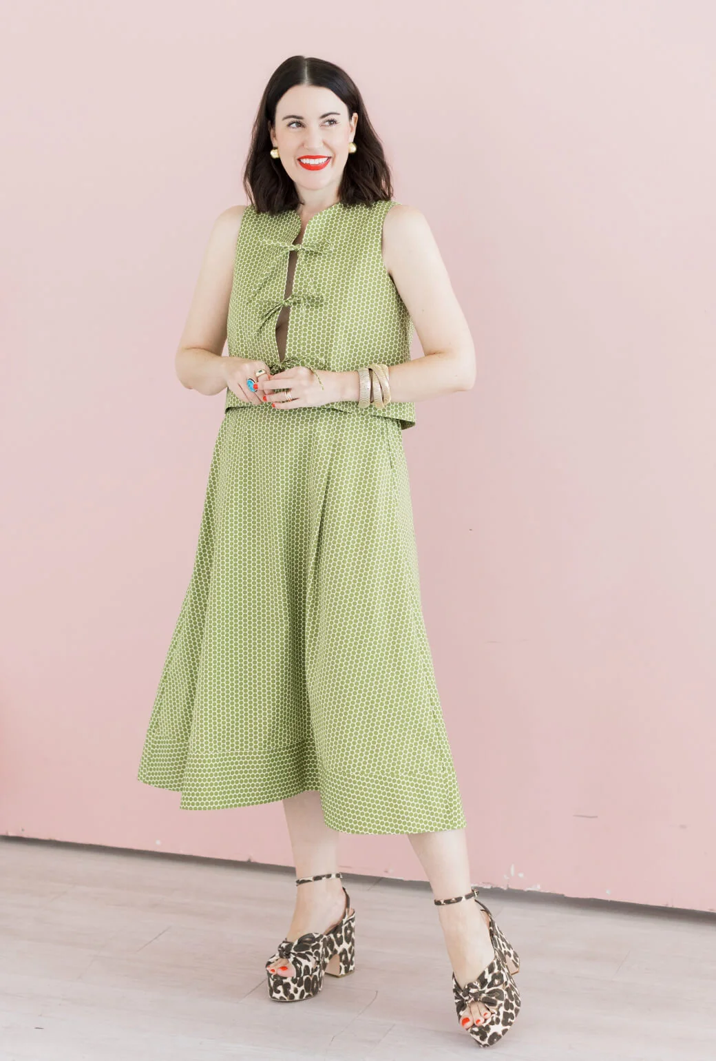 Buru x Val Flat Front MIDI Skirt - Green Polka Dot - Image 3