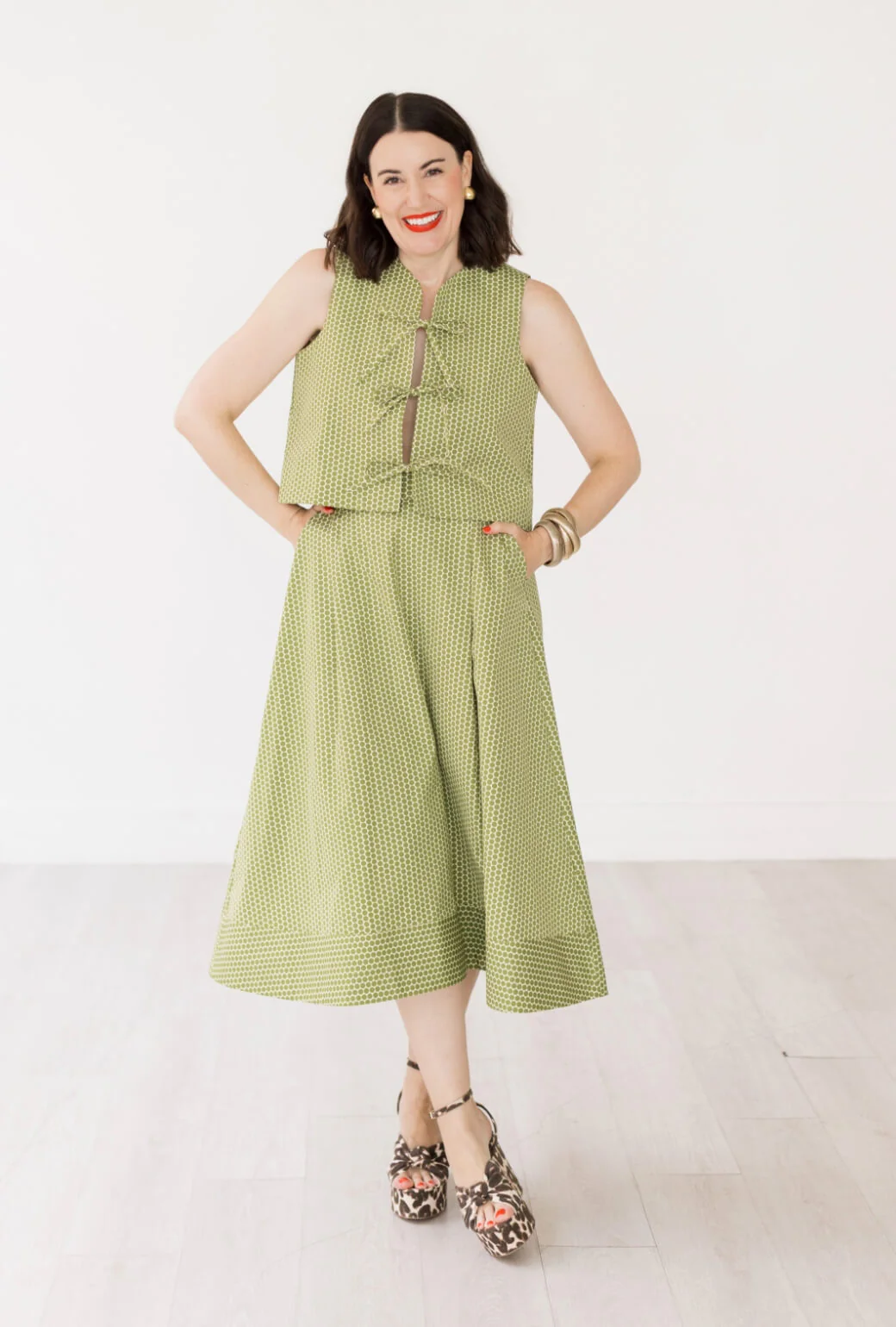 Buru x Val Flat Front MIDI Skirt - Green Polka Dot - Image 5