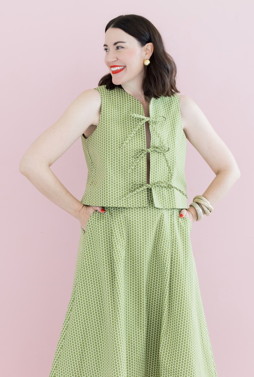 Buru x Val Flat Front MIDI Skirt - Green Polka Dot - Image 6