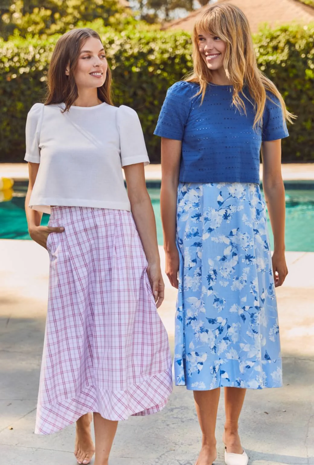 Flat Front MIDI Skirt  - Pink Windowpane Plaid - Image 3