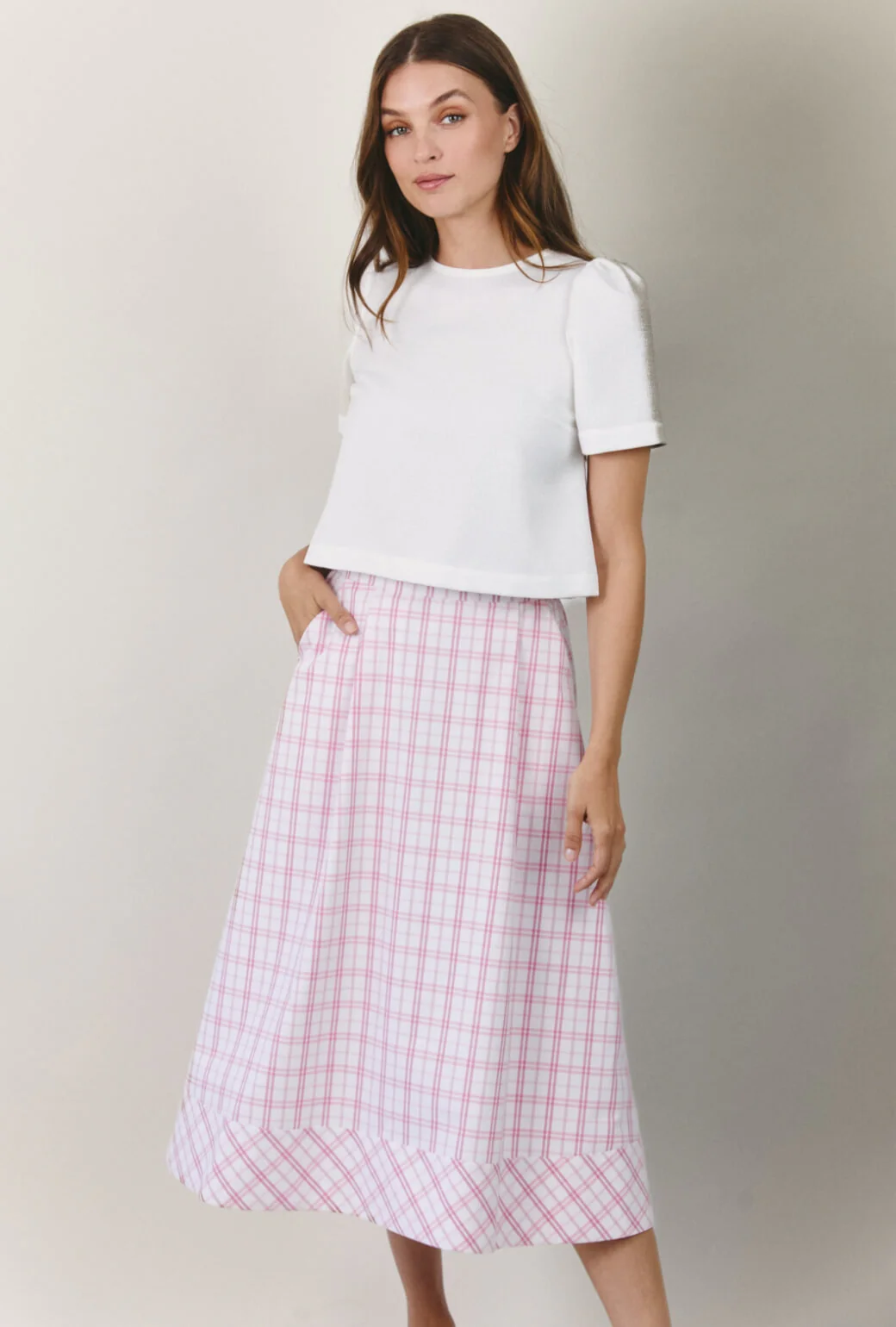 Flat Front MIDI Skirt  - Pink Windowpane Plaid - Image 5