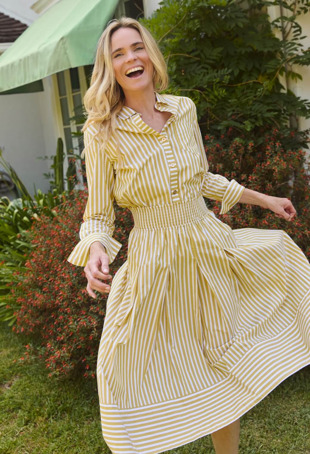 Smocked Waist MIDI Skirt - Citron Stripe - Image 3