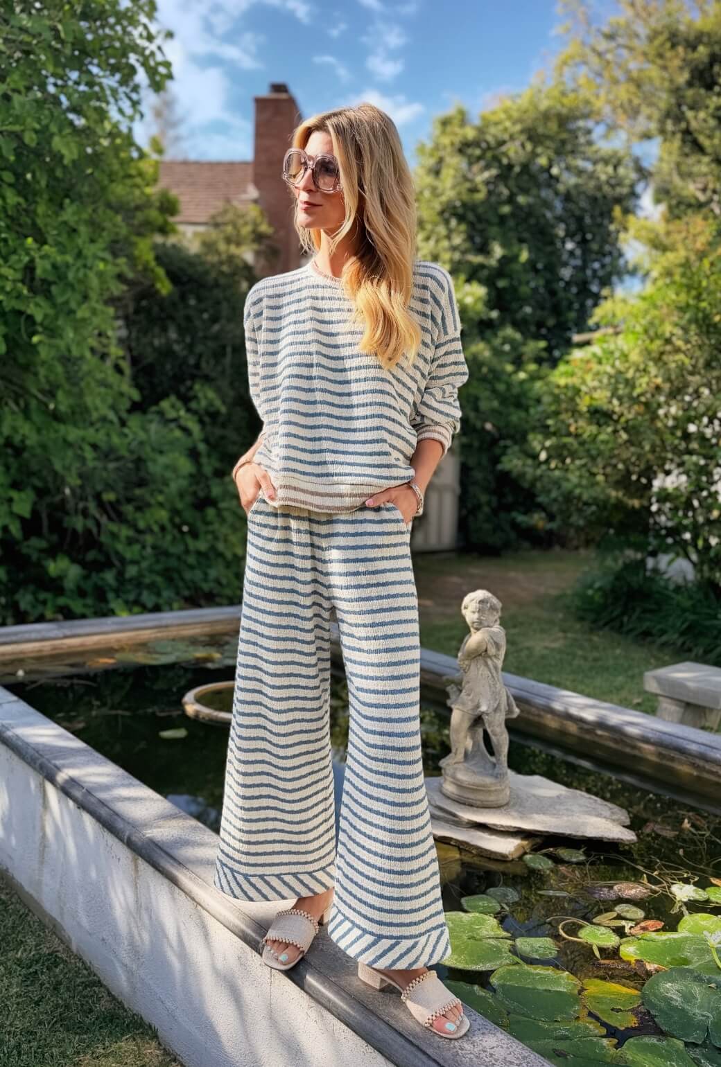 Wide Leg Knit Trouser - Blue Stripe Knit - Image 2